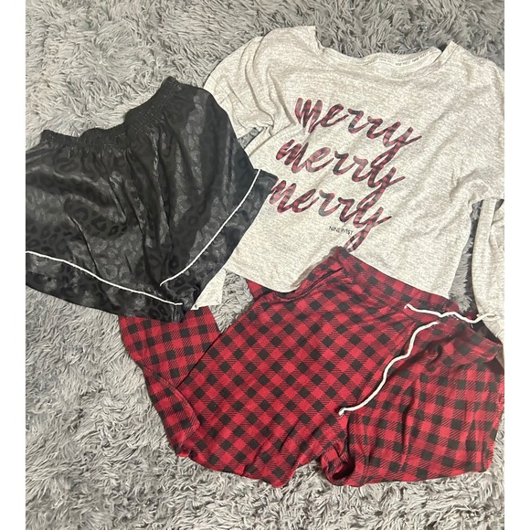 Nine West L Gray Merry Christmas Top Plaid Leopard Pajama Shorts Sleepwear Set - Picture 1 of 5